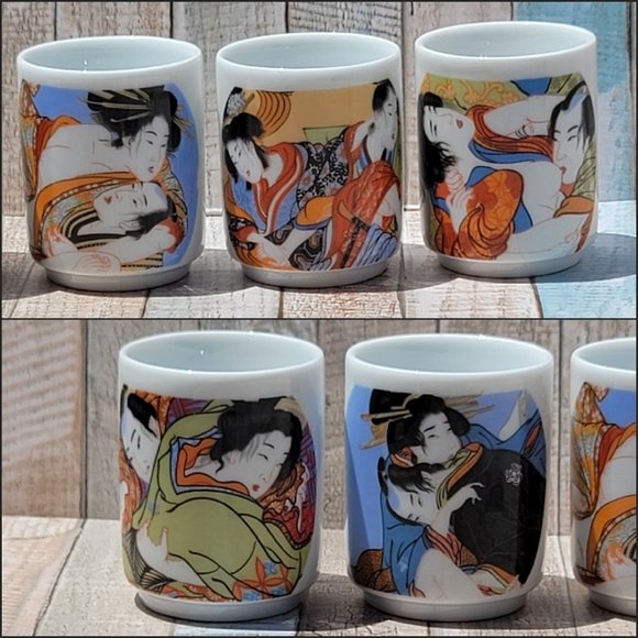 5 Stunning Japanese Exotic Lovers Ceramic Art Sake Cups - Picture 1 of 9